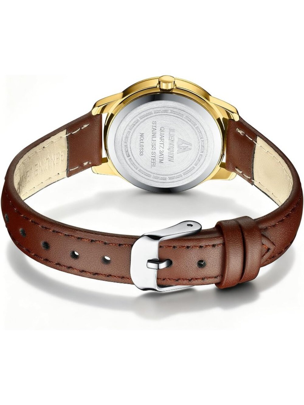 Women's Dark Brown Gold White Analog Waterproof Easy Reader Leather Strap Watch - Picture 2 of 6